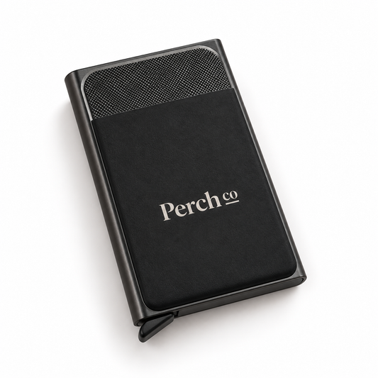 Black pop-up card holder with logo on the front panel