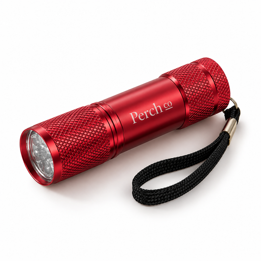 Red mini LED torch with engraved logo and wrist strap