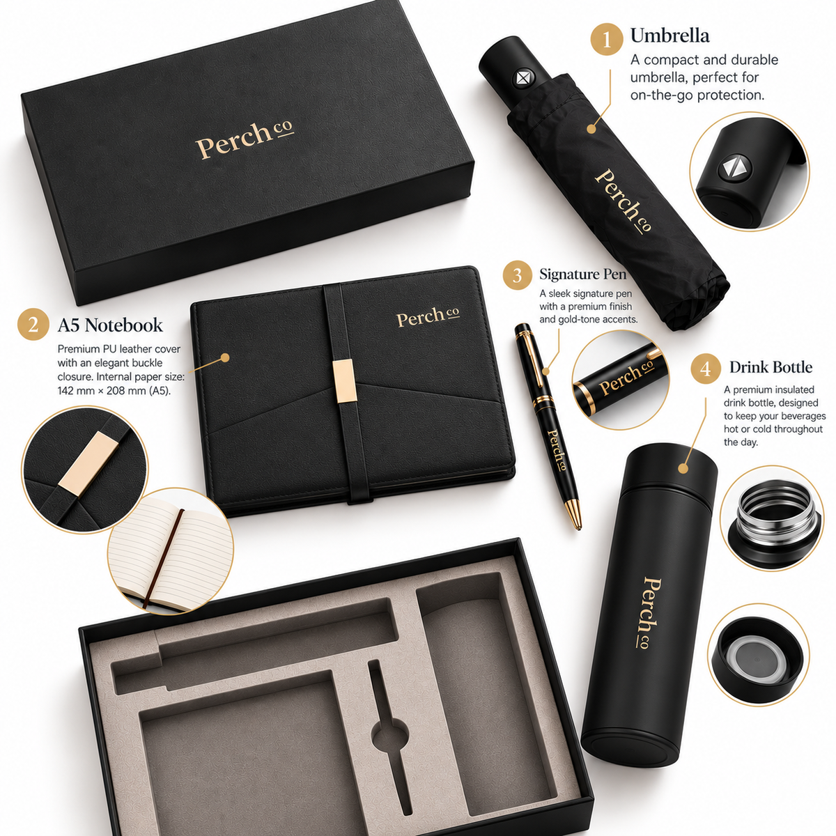 Four-piece gift set with folding umbrella, A5 notebook, signature pen and insulated drink bottle beside its branded gift box