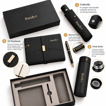 Four-piece gift set with folding umbrella, A5 notebook, signature pen and insulated drink bottle beside its branded gift box