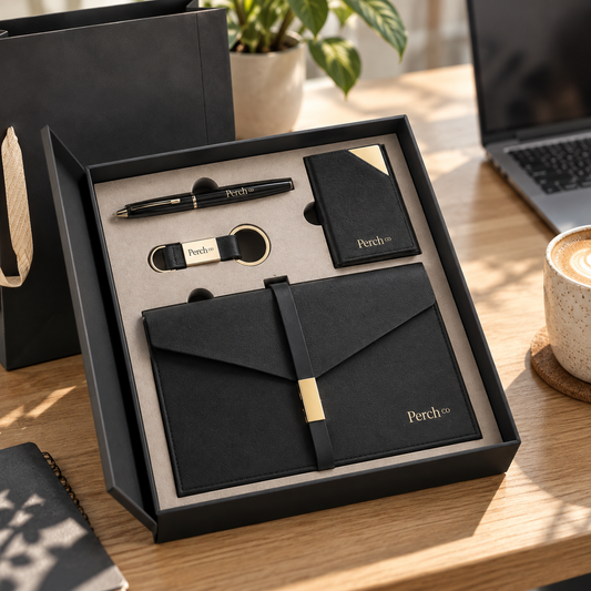 Card holder, keyring, signature pen and A5 notebook in a foam-lined gift box on a desk