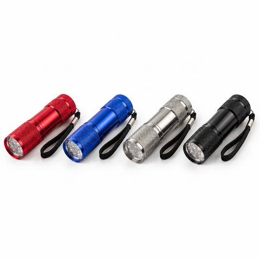Mini LED torches in red, blue, silver and black