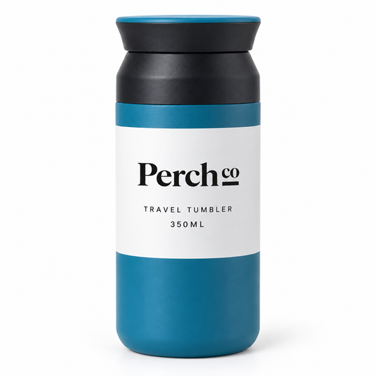 Perch Co branded Element Cup 350ml travel tumbler in teal with a flat black screw lid