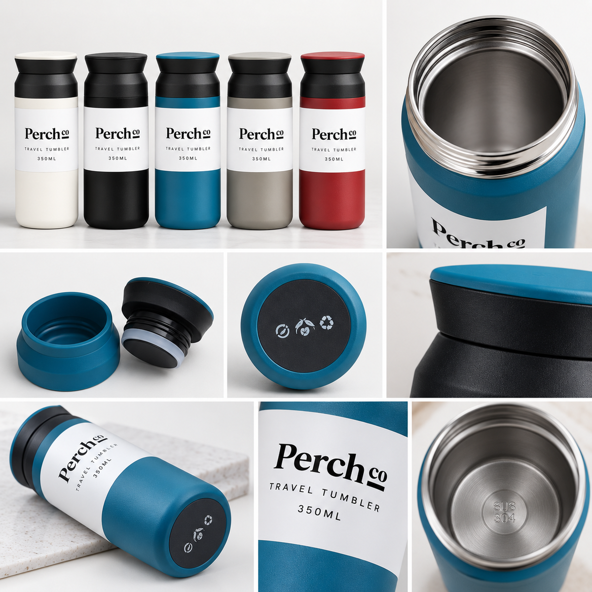 Detail views of the Element Cup 350ml showing the two-part screw lid, wide double-wall mouth and moulded base icons