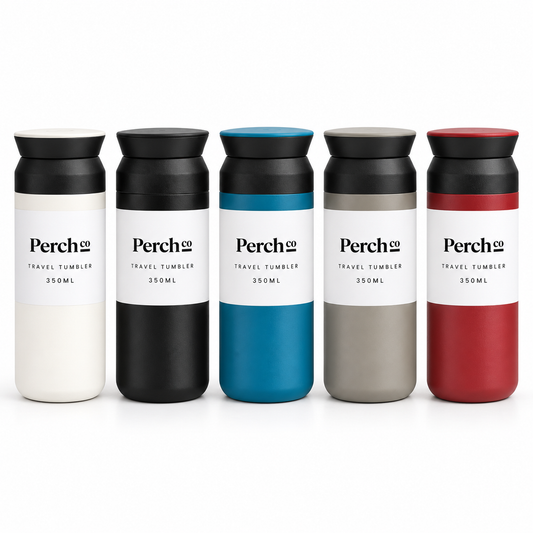 Element Cup 350ml travel tumblers in cream, black, teal, grey and red, branded with the Perch Co logo