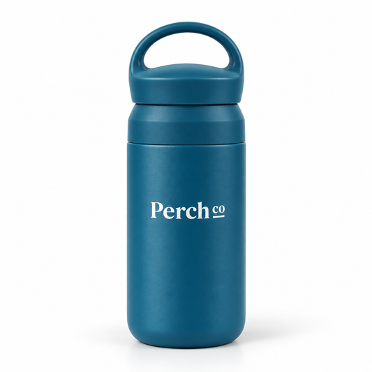 Perch Co branded Element Cup 350ml in teal with a moulded carry-loop lid