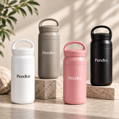 Element Cup 350ml carry-loop tumblers in white, grey, pink and black, branded with the Perch Co logo