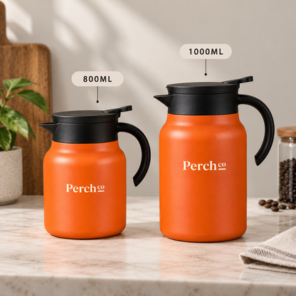 Insulated tea pot in orange shown in both 800 ml and 1000 ml sizes, branded with the Perch Co logo