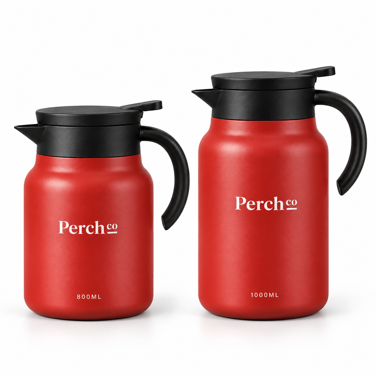 Insulated tea pot in red shown in both 800 ml and 1000 ml sizes, branded with the Perch Co logo