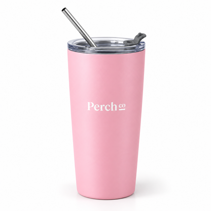 Perch Co branded 600ml straw tumbler in pink with a clear slide lid and metal straw