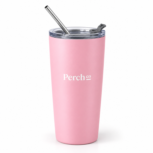 Perch Co branded 600ml straw tumbler in pink with a clear slide lid and metal straw