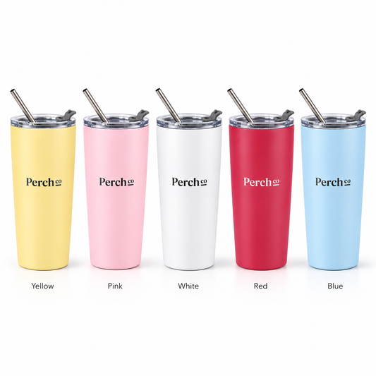 600ml straw tumblers in black, white, light blue, military green and purple, branded with the Perch Co logo