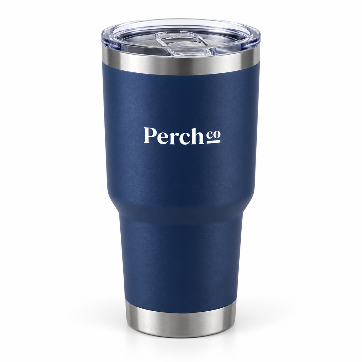 Perch Co branded 890ml car cup in navy with a clear slide lid and brushed bands at the rim and base
