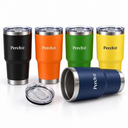 890ml car cup tumblers in black, orange, green, yellow and navy, branded with the Perch Co logo