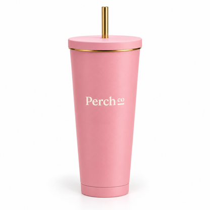 Perch Co branded straw tumbler in pink with a flat lid and gold-tone metal straw