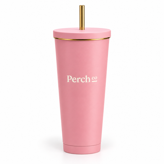 Perch Co branded straw tumbler in pink with a flat lid and gold-tone metal straw