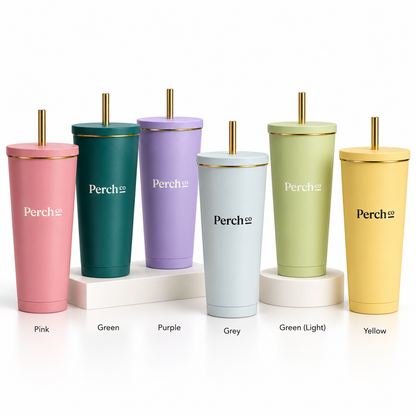 Straw tumblers in pink, green, purple, grey, light green and yellow, branded with the Perch Co logo