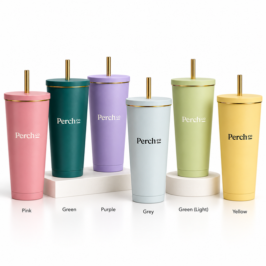 Straw tumblers in pink, green, purple, grey, light green and yellow, branded with the Perch Co logo
