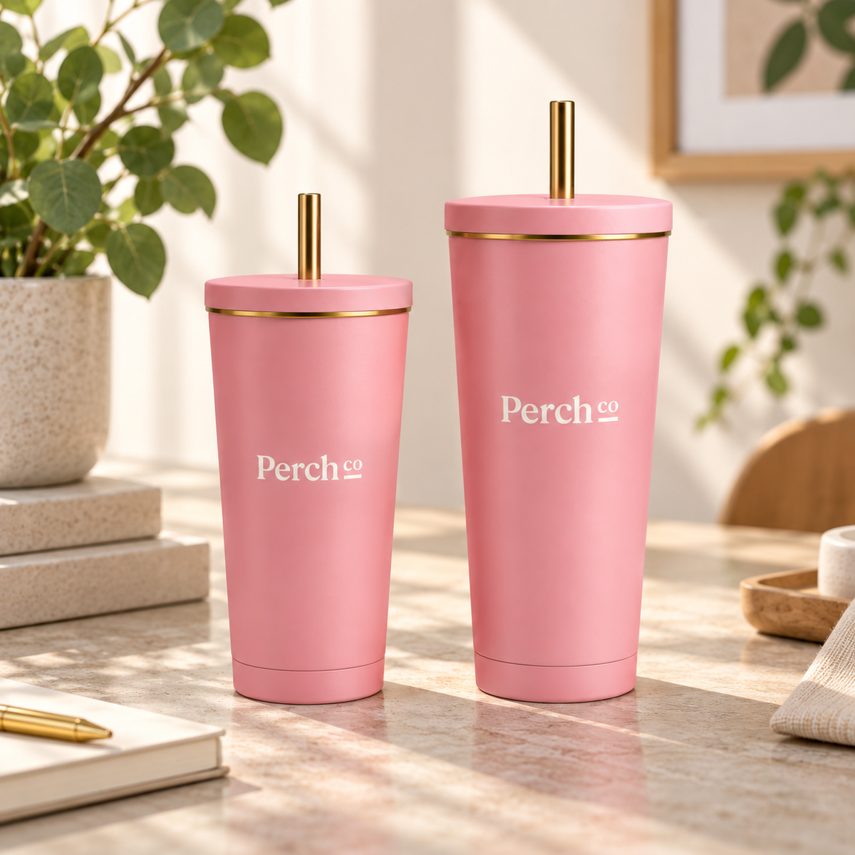 Straw tumblers in pink shown in both 500 ml and 750 ml sizes, branded with the Perch Co logo