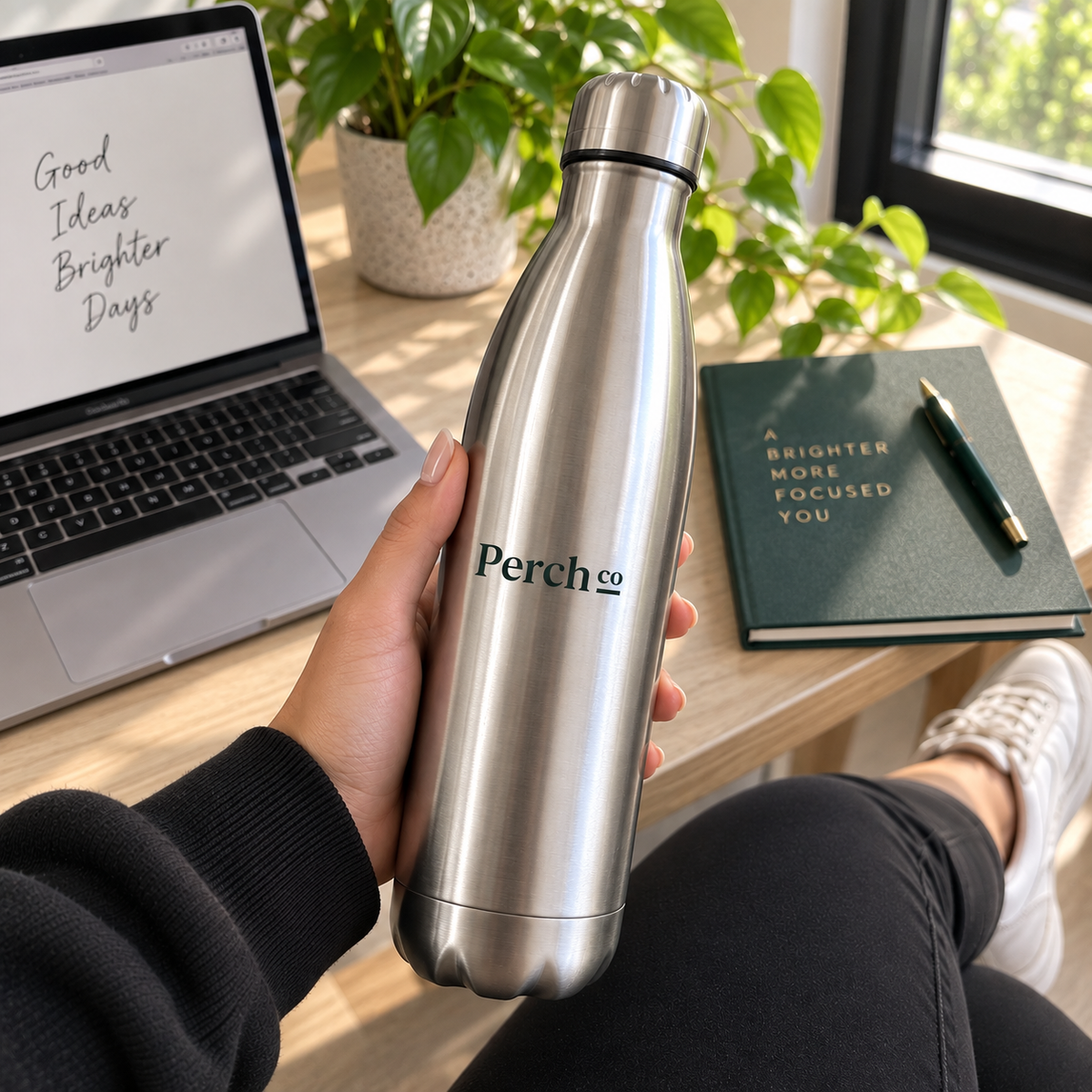 Perch Co branded 500ml contour water bottle in a brushed finish