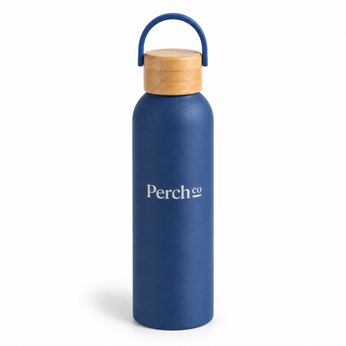 Navy 500ml bamboo lid water bottle with a natural bamboo screw lid and blue carry loop, branded with a logo