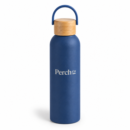 Navy 500ml bamboo lid water bottle with a natural bamboo screw lid and blue carry loop, branded with a logo