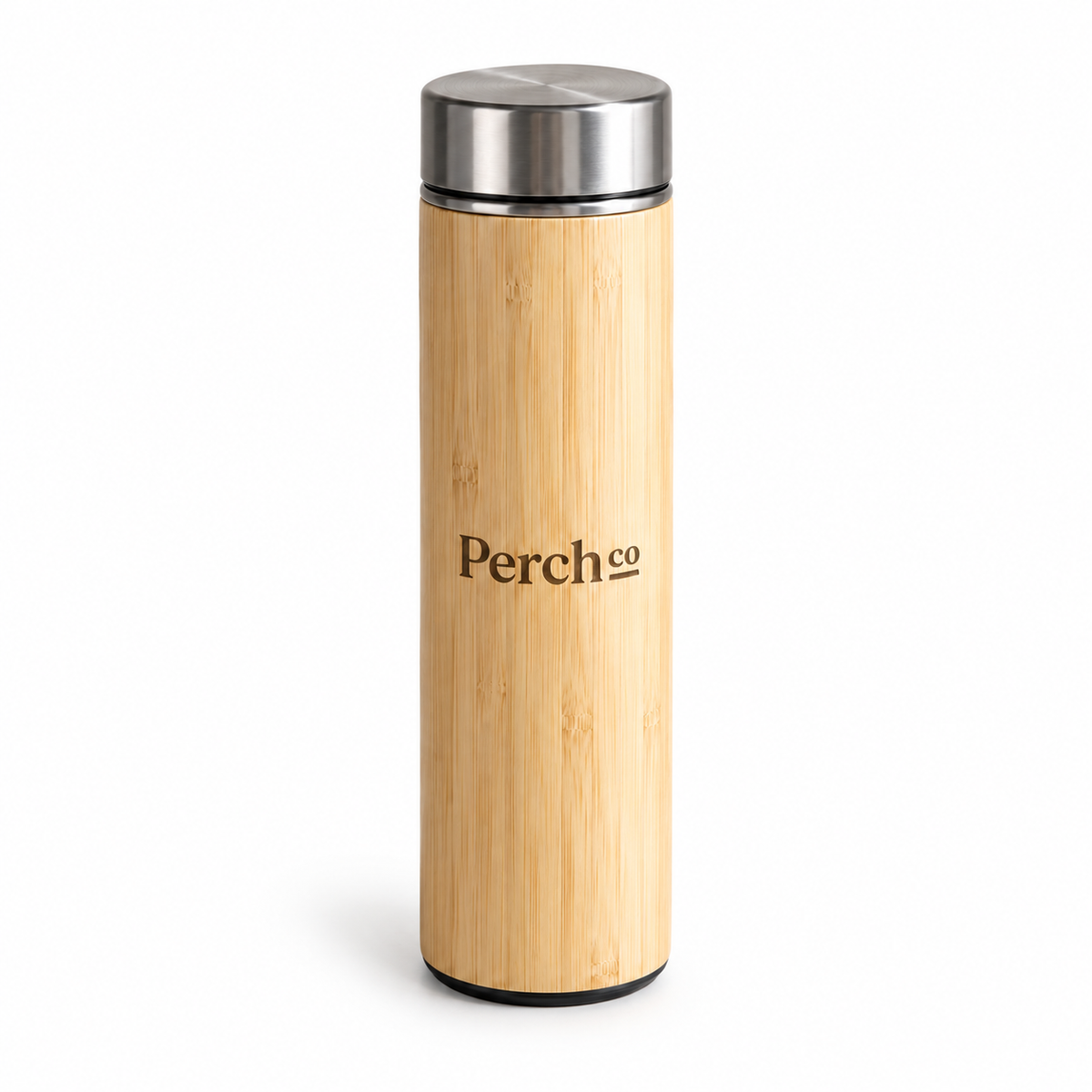 Perch Co branded slim bamboo flask with a brushed screw cap