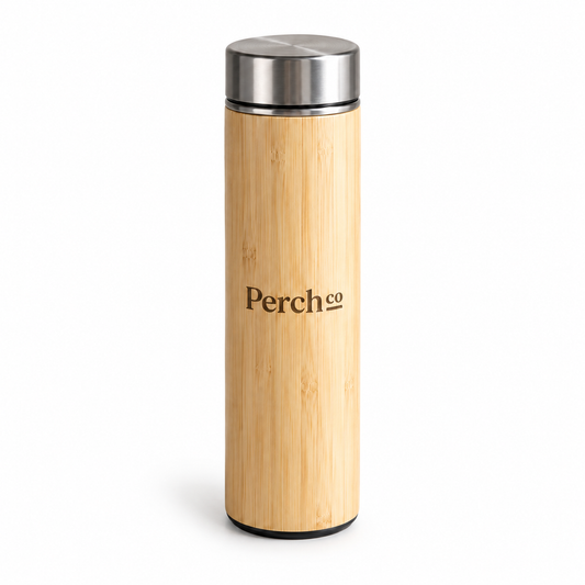 Perch Co branded slim bamboo flask with a brushed screw cap