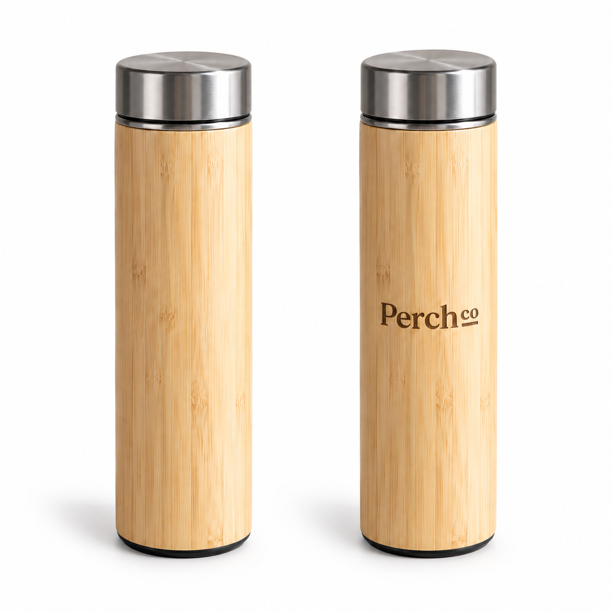 Two Perch Co branded slim bamboo flasks showing the natural grain variation