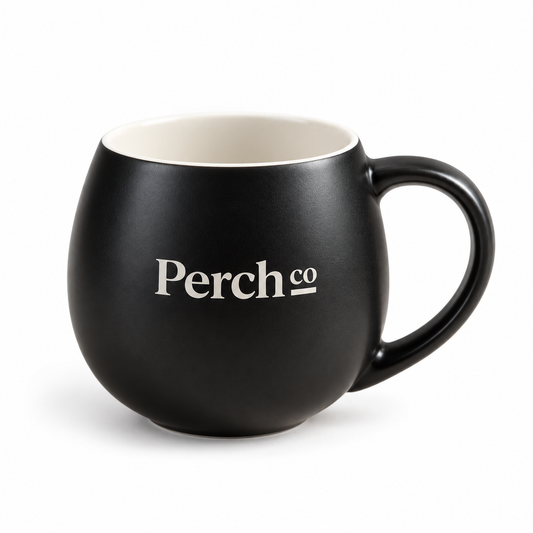 Perch Co branded ceramic bulb mug in matte black with a cream interior