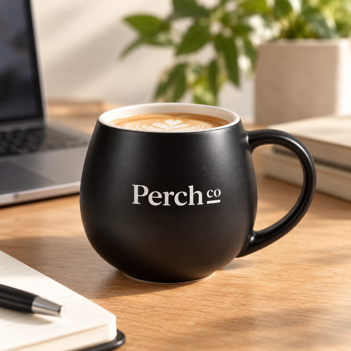 Perch Co branded matte black ceramic bulb mug holding a coffee on a desk