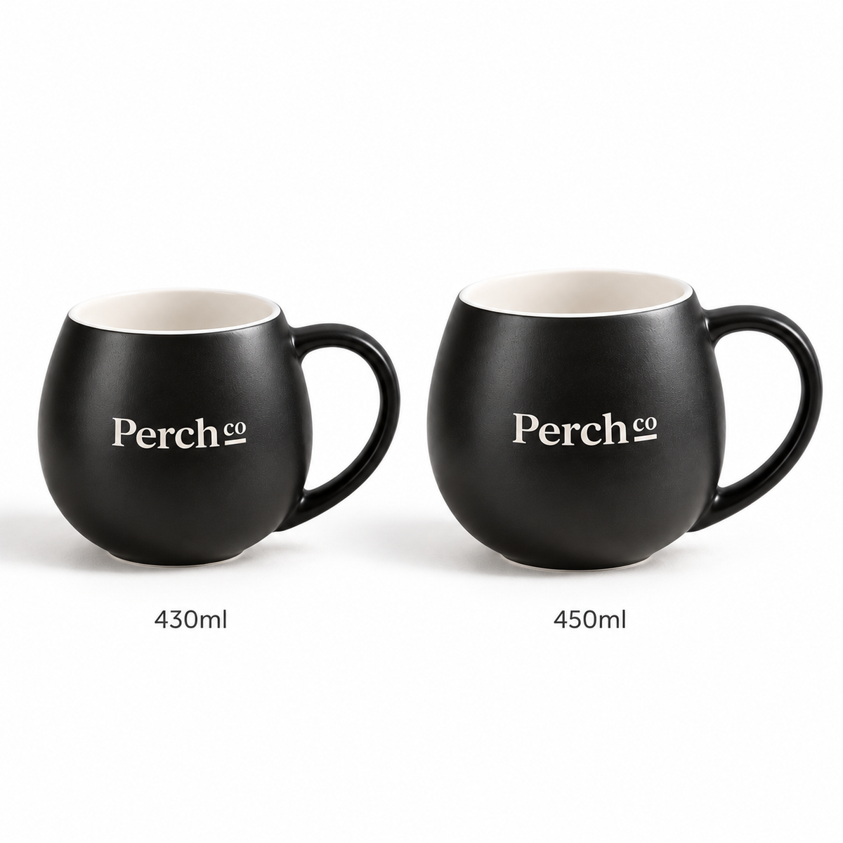 Ceramic bulb mugs shown side by side in 430 ml and 450 ml sizes, branded with the Perch Co logo