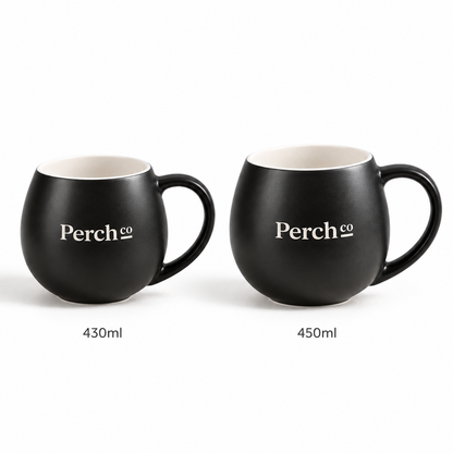 Ceramic bulb mugs shown side by side in 430 ml and 450 ml sizes, branded with the Perch Co logo