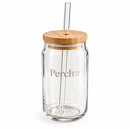 Perch Co branded 500ml can-shaped glass tumbler with a bamboo lid and matching straw