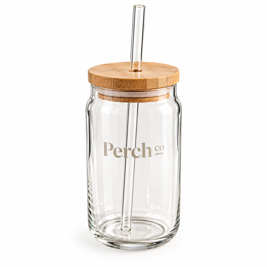 Perch Co branded 500ml can-shaped glass tumbler with a bamboo lid and matching straw