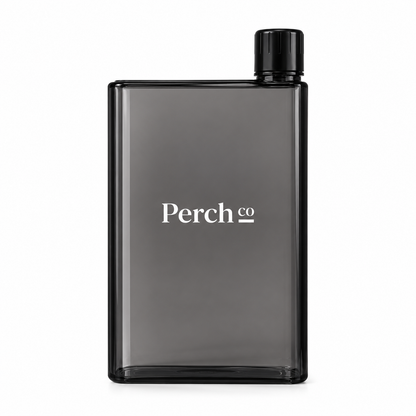 Perch Co branded A5 flat bottle in smoke grey with a black corner screw cap