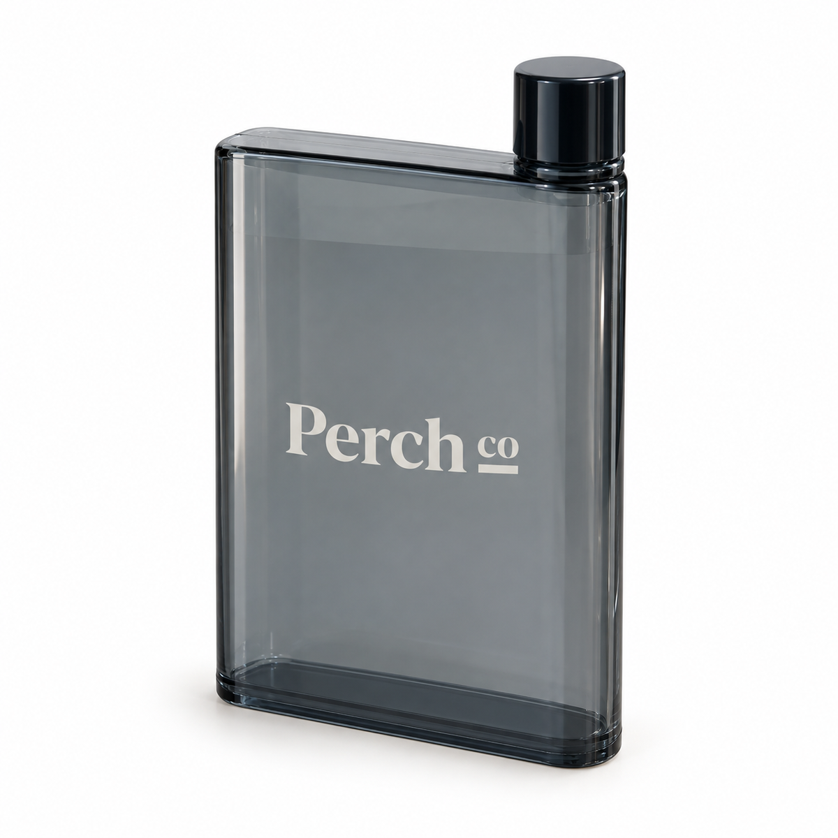 Perch Co branded A5 flat bottle in smoke grey with a black corner screw cap