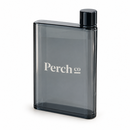 Perch Co branded A5 flat bottle in smoke grey with a black corner screw cap