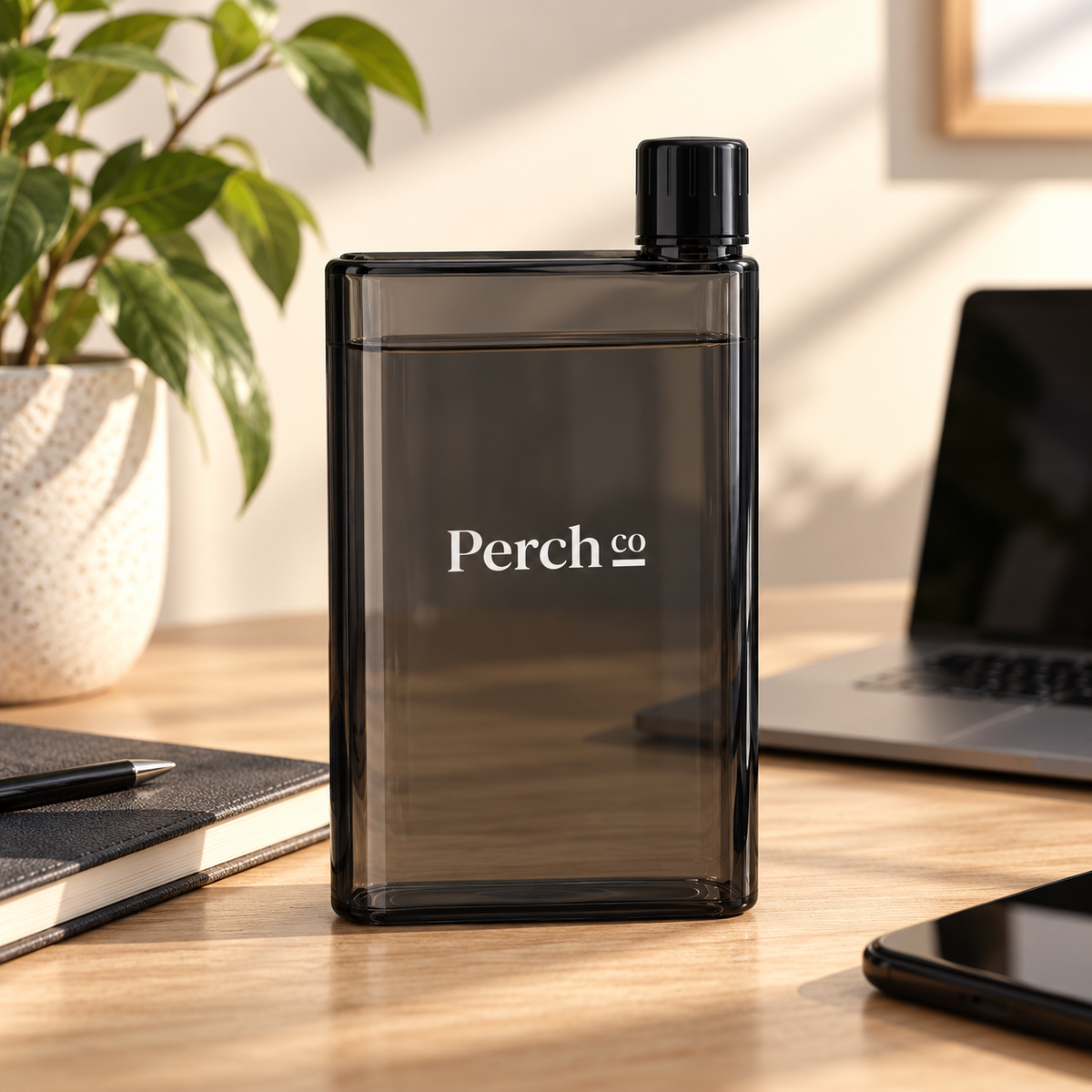 Perch Co branded A5 flat bottle in smoke grey on a desk beside a notebook and laptop