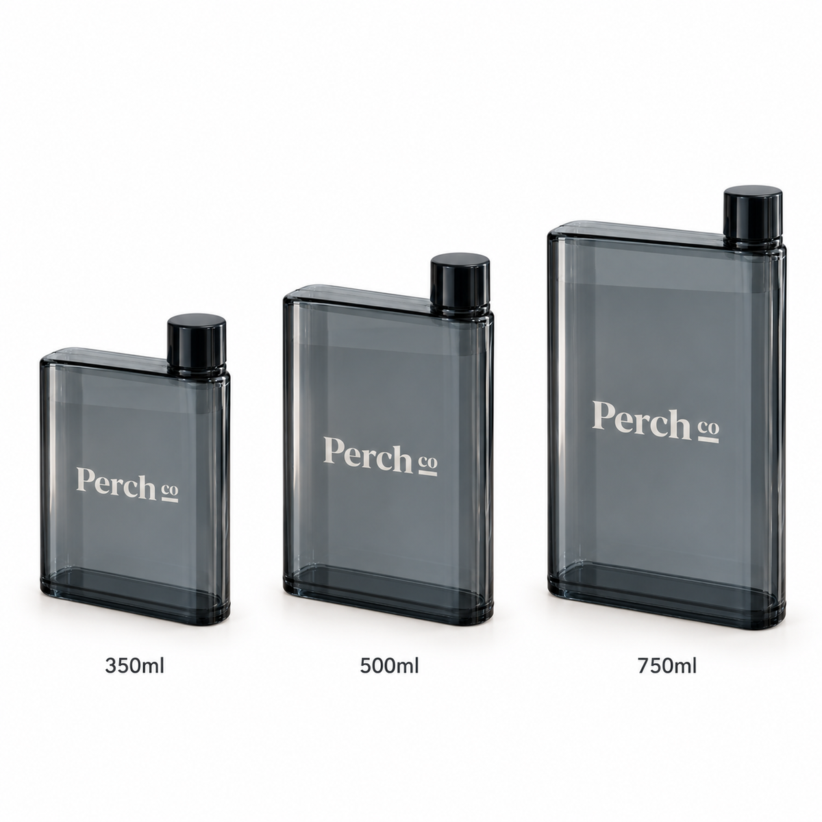 A5 flat bottles shown side by side in 350 ml, 500 ml and 750 ml, branded with the Perch Co logo