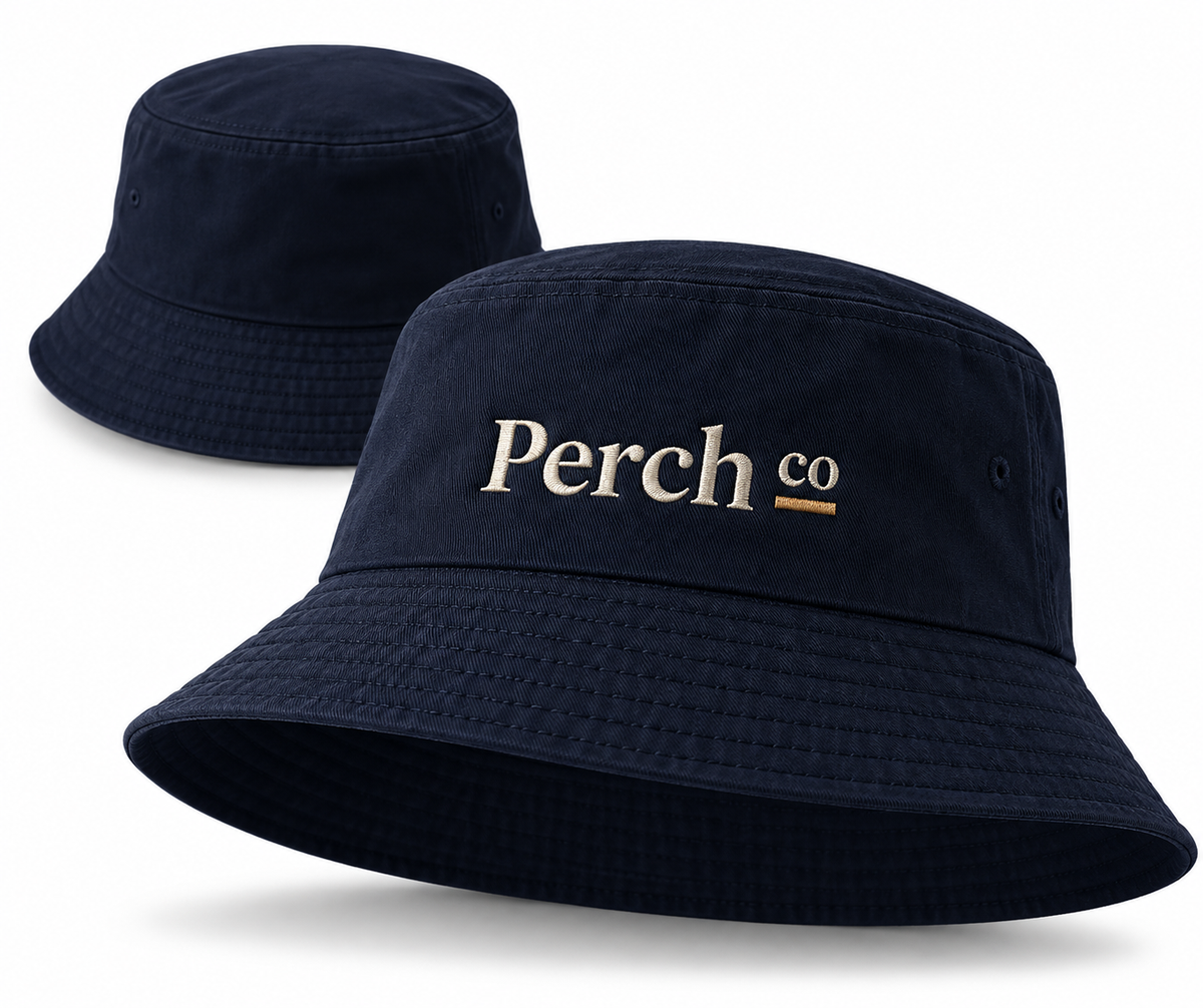 Navy bucket hat with an embroidered logo across the front of the crown, shown front and back