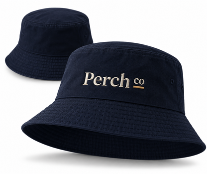 Navy bucket hat with an embroidered logo across the front of the crown, shown front and back