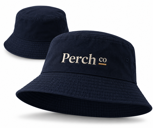 Navy bucket hat with an embroidered logo across the front of the crown, shown front and back