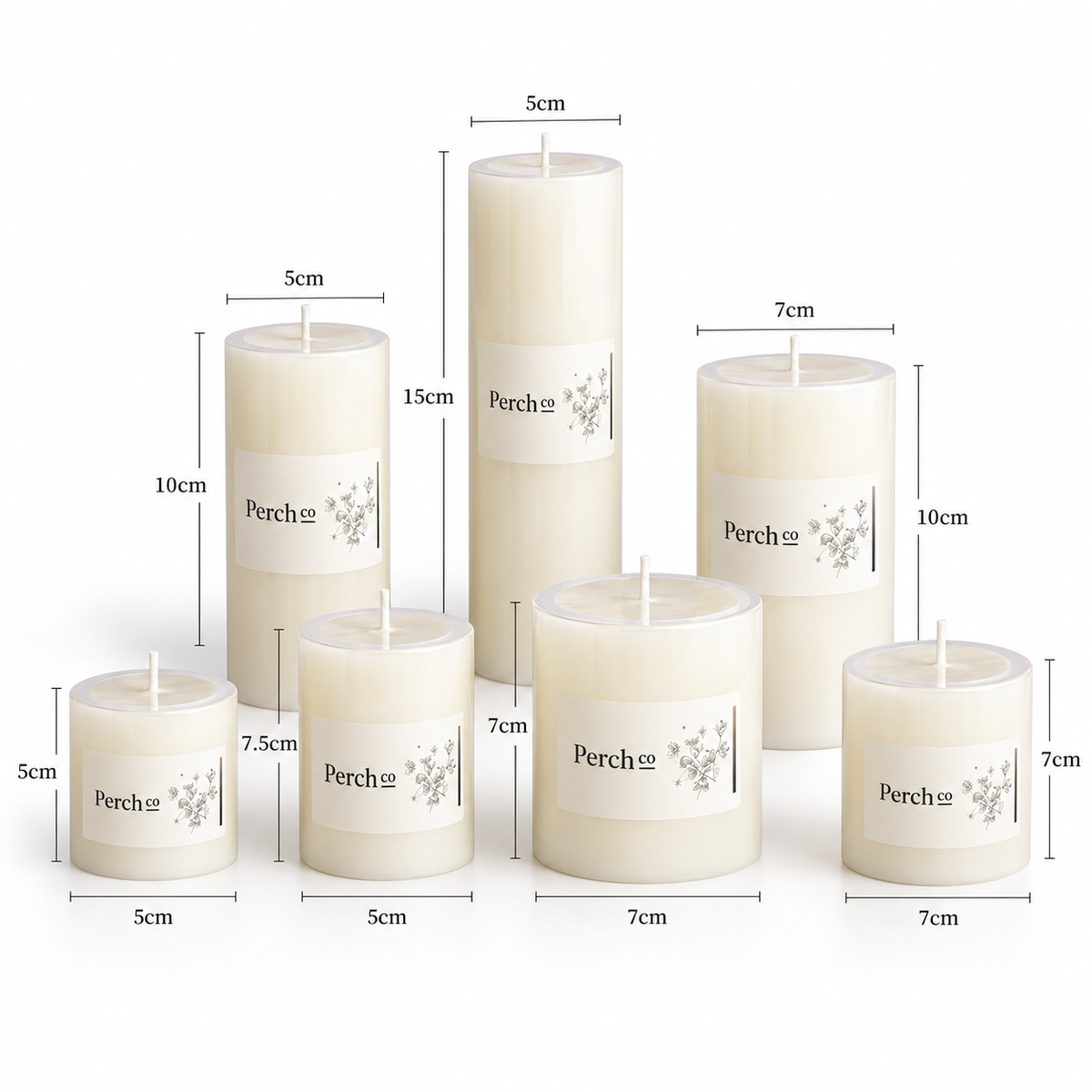 Ivory pillar candles in a range of heights and diameters, branded with a printed label