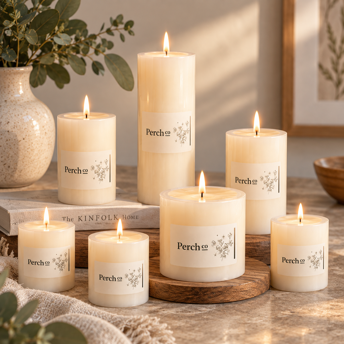 Seven branded pillar candles lit on a styled table with eucalyptus and a timber board