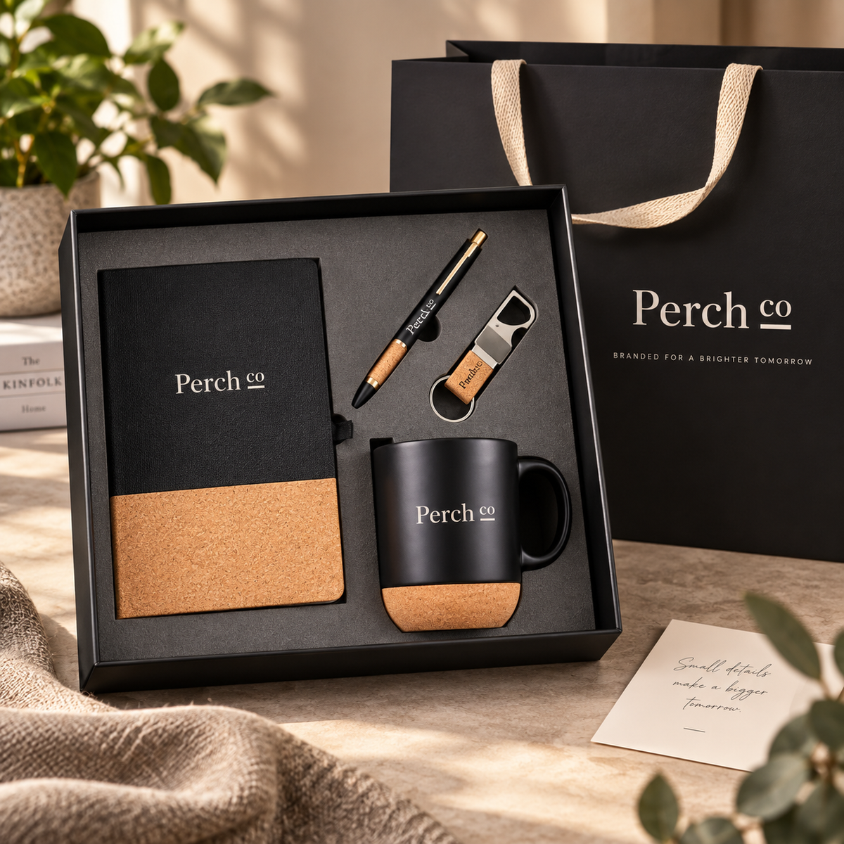 Branded four-piece mug and notebook gift set laid out in its presentation box