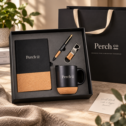Branded four-piece mug and notebook gift set laid out in its presentation box