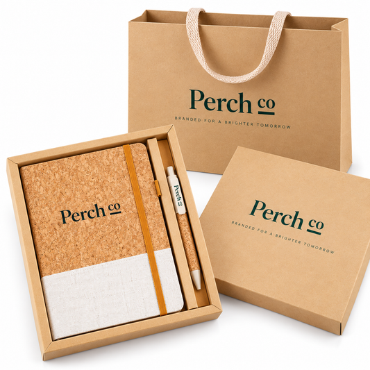 Cork-covered notebook and matching pen in a kraft gift box with a rope-handled carry bag