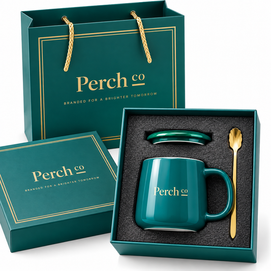 Green lidded mug with a gold spoon in a foam-lined gift box with a gold-trimmed carry bag