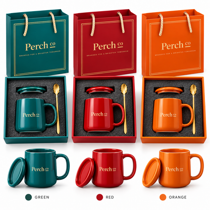 Lidded mug and spoon gift set shown in green, red and orange with matching boxes and bags